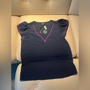 Bobeau Dark Blue Blouse with Purple Embroidery